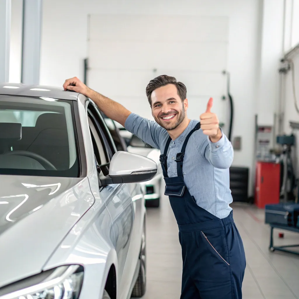 Happy customer showing thumbs up with serviced car