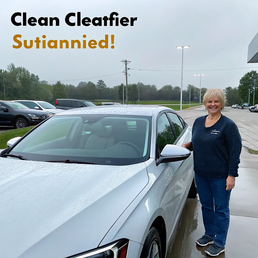 Content customer standing next to a clean car